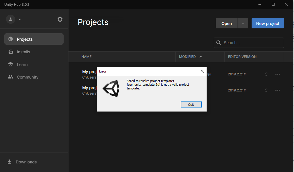 Bug i can t open any project unity forum
